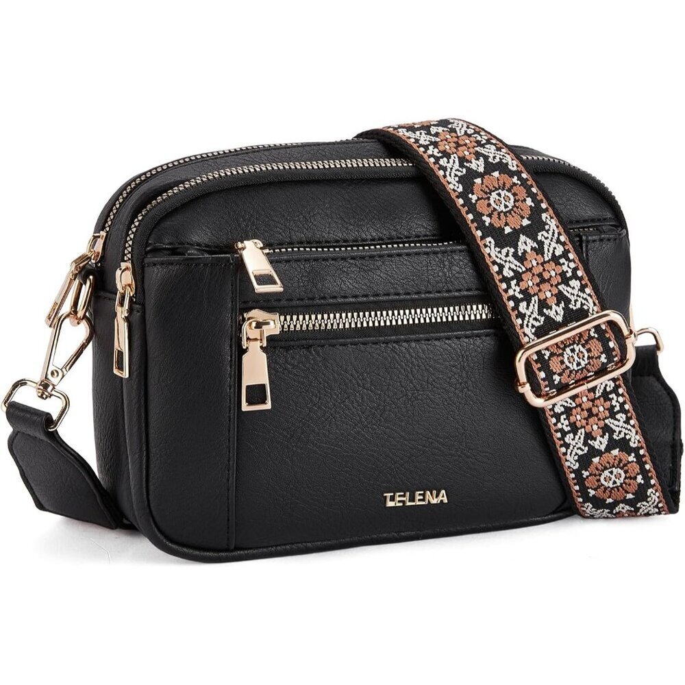 Telena Women Black Trendy Vegan Leather Shoulder Handbags With Adjustable Strap